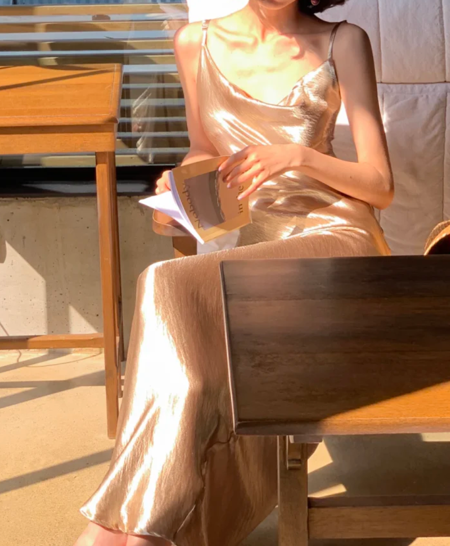 Attractive Spaghetti Strap Prom Dress Champagne Satin Mermaid Formal Dress GG6988