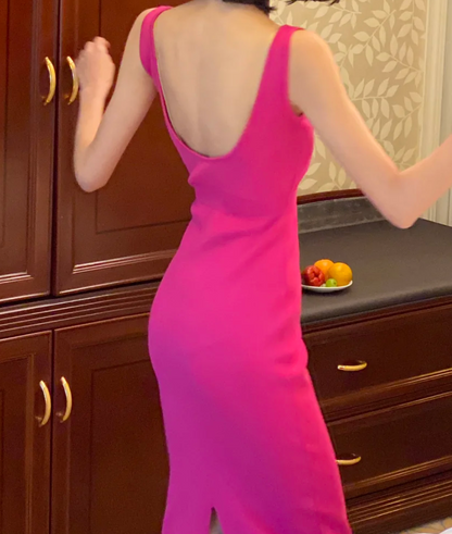 Retro V Neck Prom Dress Hot Pink Sheath Formal Dress GG6990