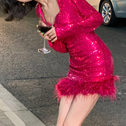 Y2K Sweetheart Neck Homecoming Dress Sequins Feather Sheath Birthday Dress GG6991