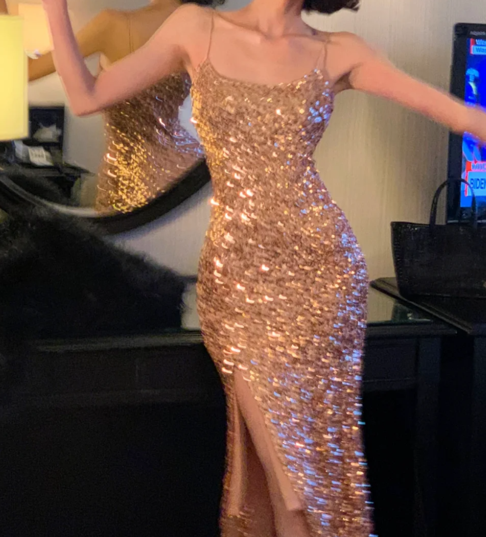 Shine Spaghetti Strap Champagne Prom Dress Sequins Slit Mermaid Formal Dress GG6993