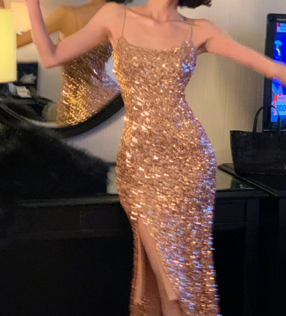 Shine Spaghetti Strap Champagne Prom Dress Sequins Slit Mermaid Formal Dress GG6993