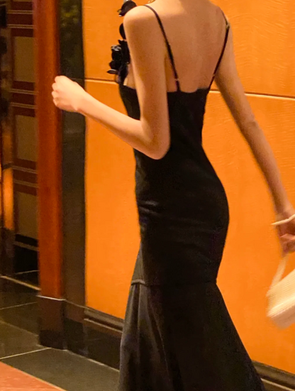 Retro Spaghetti Strap Black Prom Dress Appliques Mermaid Formal Dress GG6995