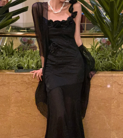 Retro Spaghetti Strap Black Prom Dress Appliques Mermaid Formal Dress GG6995