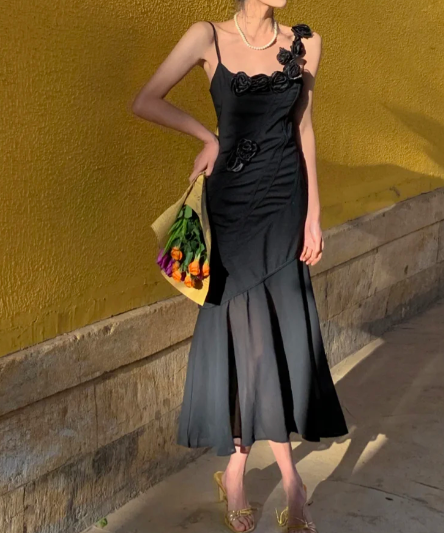 Retro Spaghetti Strap Black Prom Dress Appliques Mermaid Formal Dress GG6995