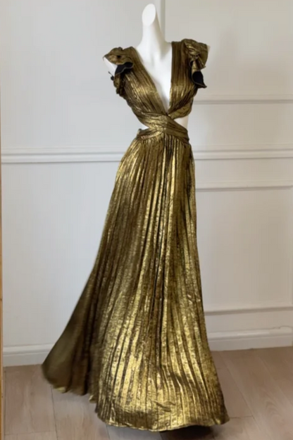 Vintage V Neck Pleated Prom Dress Ruffles Cutouts A-Line Formal Dress GG6997