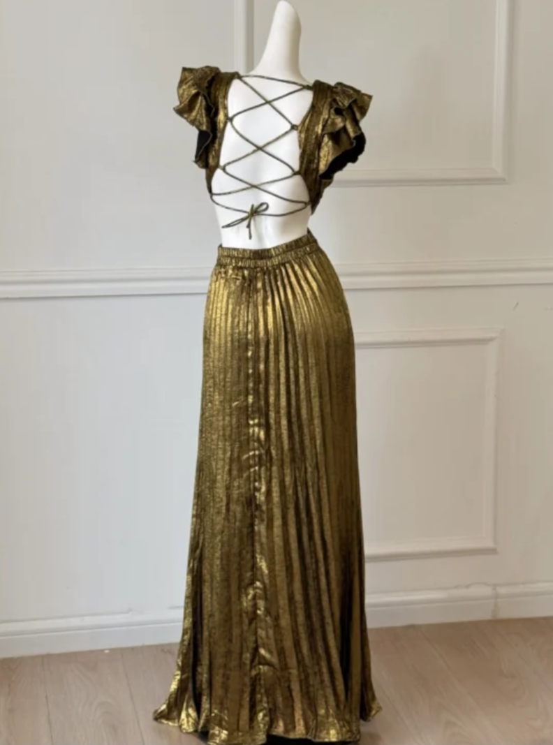 Vintage V Neck Pleated Prom Dress Ruffles Cutouts A-Line Formal Dress GG6997