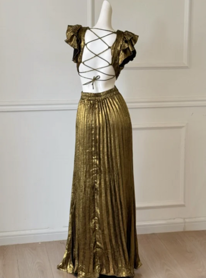 Vintage V Neck Pleated Prom Dress Ruffles Cutouts A-Line Formal Dress GG6997
