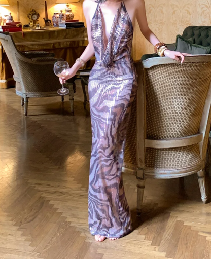 Unique Halter Neck Draped Prom Dress Sequins Sheath Formal Dress GG6998
