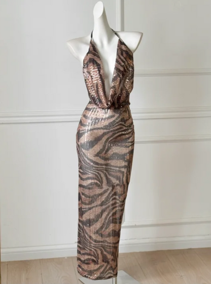 Unique Halter Neck Draped Prom Dress Sequins Sheath Formal Dress GG6998