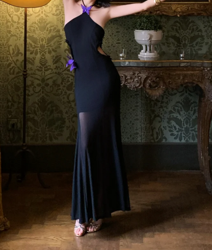 Classical Halter Neck Cutout Prom Dress Black Appliques Mermaid Formal Dress GG6999