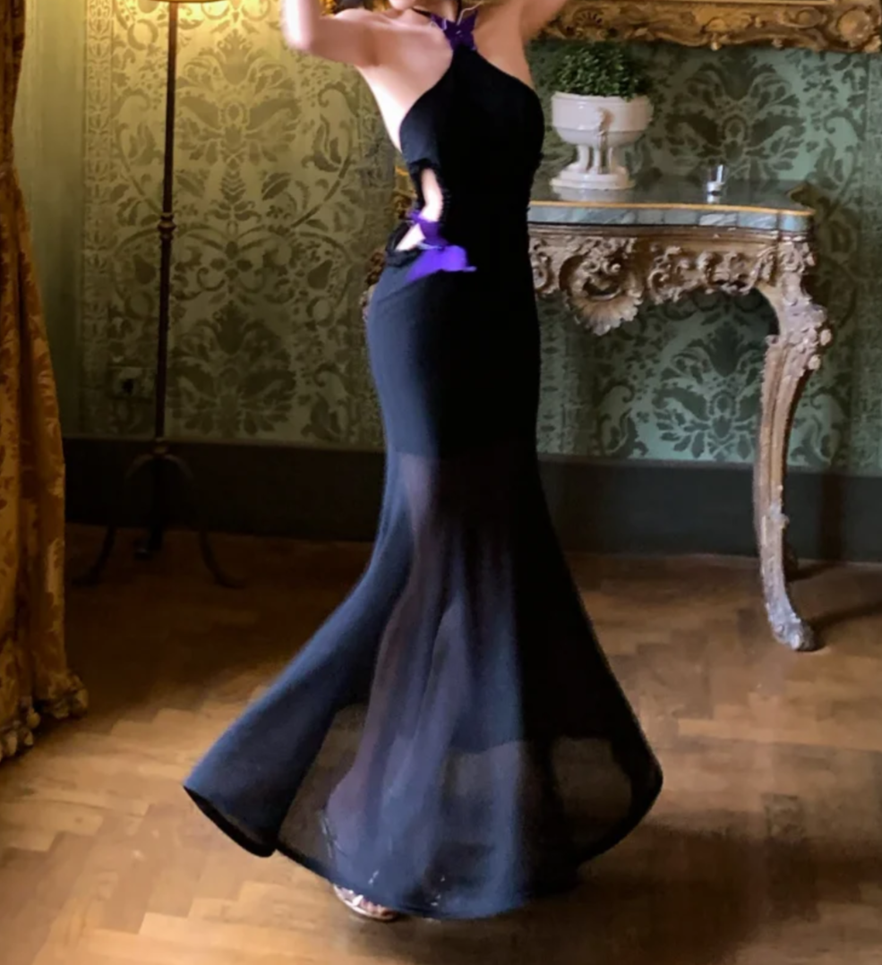 Classical Halter Neck Cutout Prom Dress Black Appliques Mermaid Formal Dress GG6999
