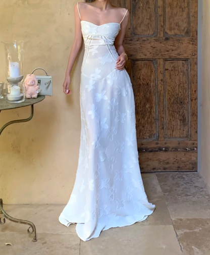 Unique Spaghetti Strap Prom Dress White Floral A-Line Formal Dress GG7001