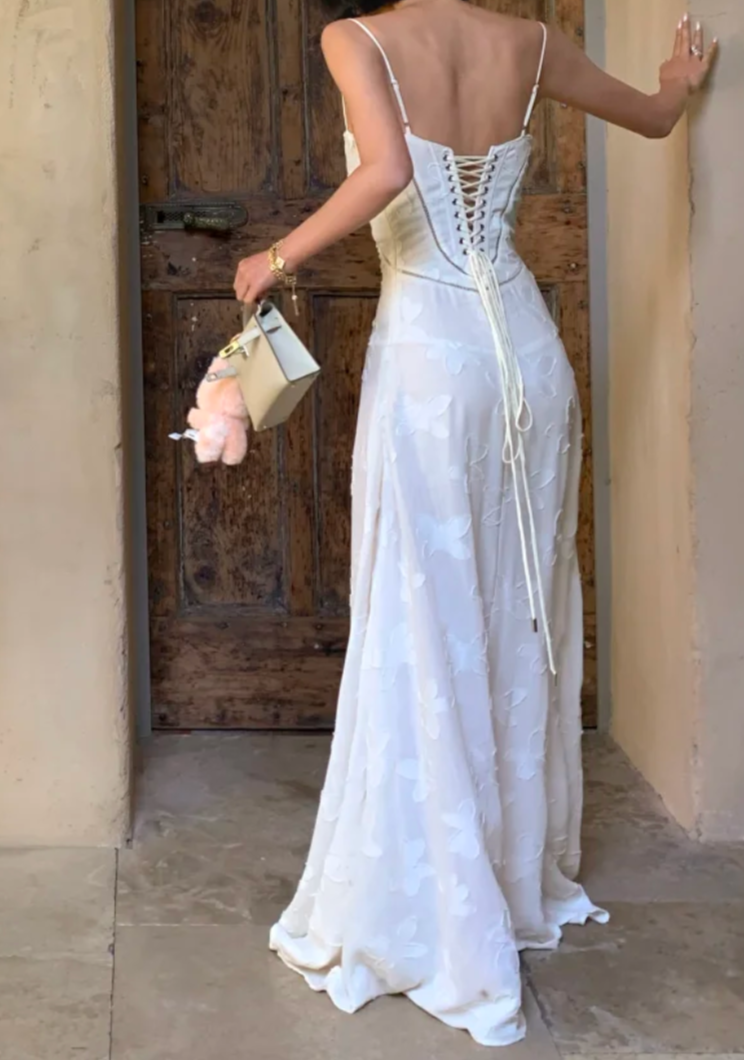 Unique Spaghetti Strap Prom Dress White Floral A-Line Formal Dress GG7001