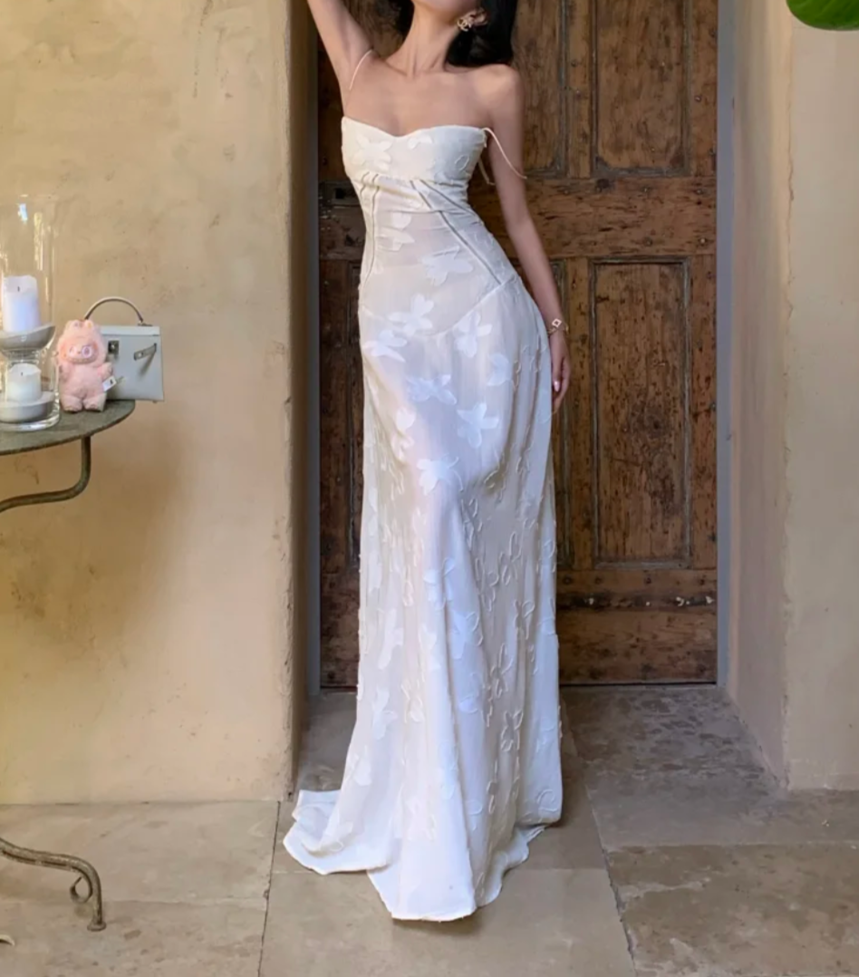 Unique Spaghetti Strap Prom Dress White Floral A-Line Formal Dress GG7001