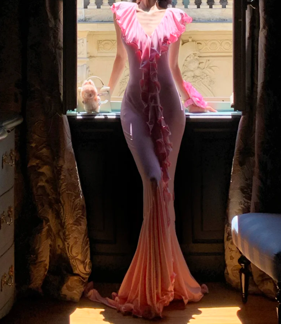 Glam V Neck Pink Prom Dress Ruffles Mermaid Formal Dress GG7003