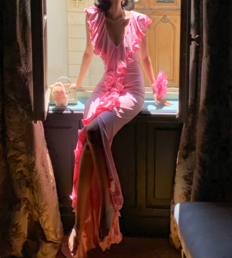 Glam V Neck Pink Prom Dress Ruffles Mermaid Formal Dress GG7003