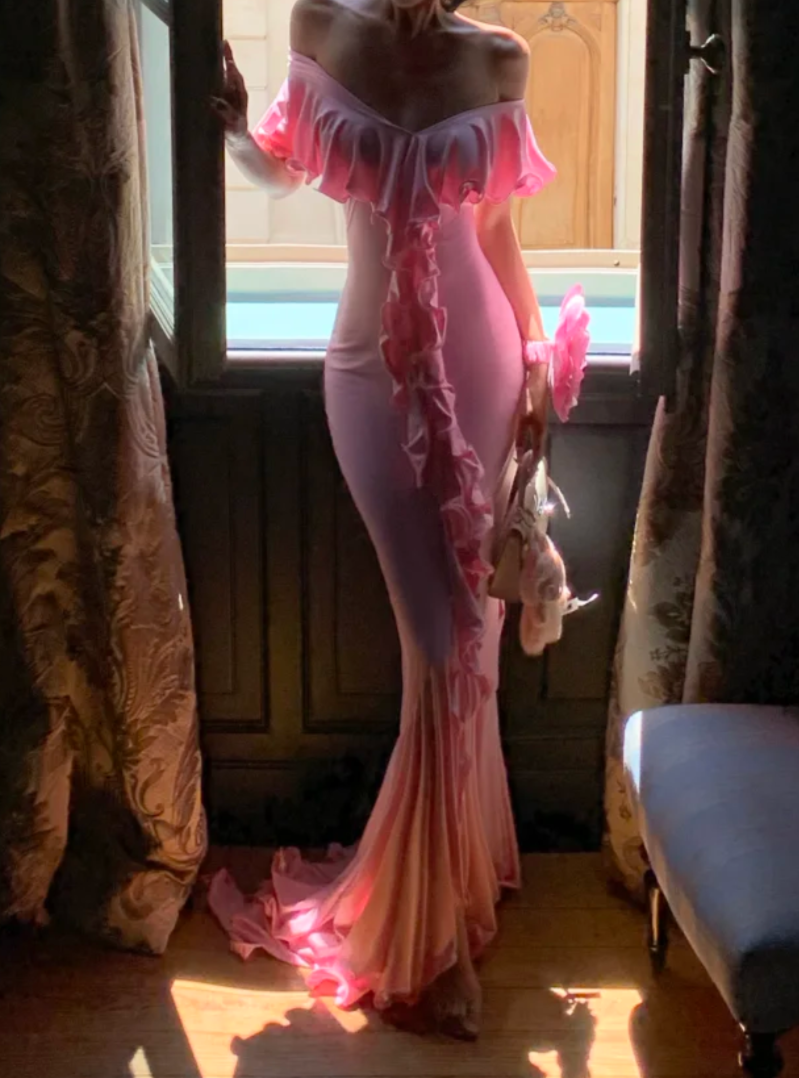 Glam V Neck Pink Prom Dress Ruffles Mermaid Formal Dress GG7003
