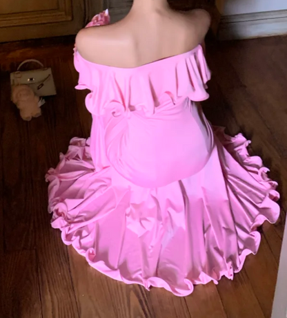 Glam V Neck Pink Prom Dress Ruffles Mermaid Formal Dress GG7003