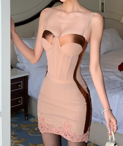 Glam Spaghetti Straps Homecoming Dress Pink Lace Sheath Birthday Dress GG7005