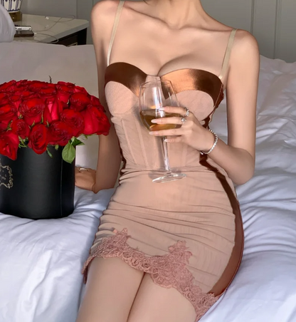 Glam Spaghetti Straps Homecoming Dress Pink Lace Sheath Birthday Dress GG7005