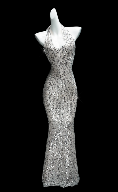 Classical Halter Neck Silver Prom Dress Sequins Mermaid Formal Dress GG7009