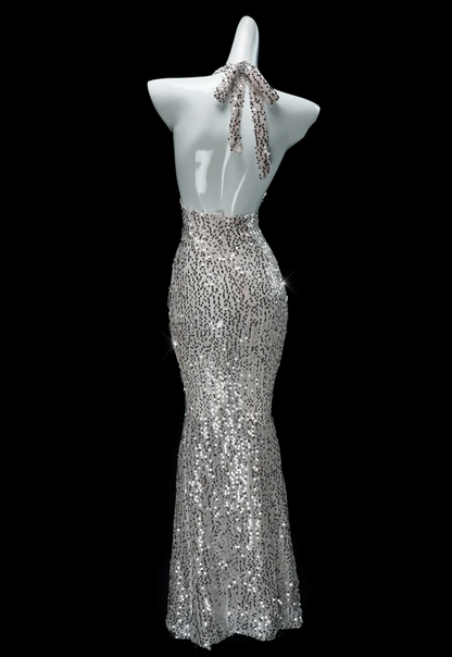 Classical Halter Neck Silver Prom Dress Sequins Mermaid Formal Dress GG7009