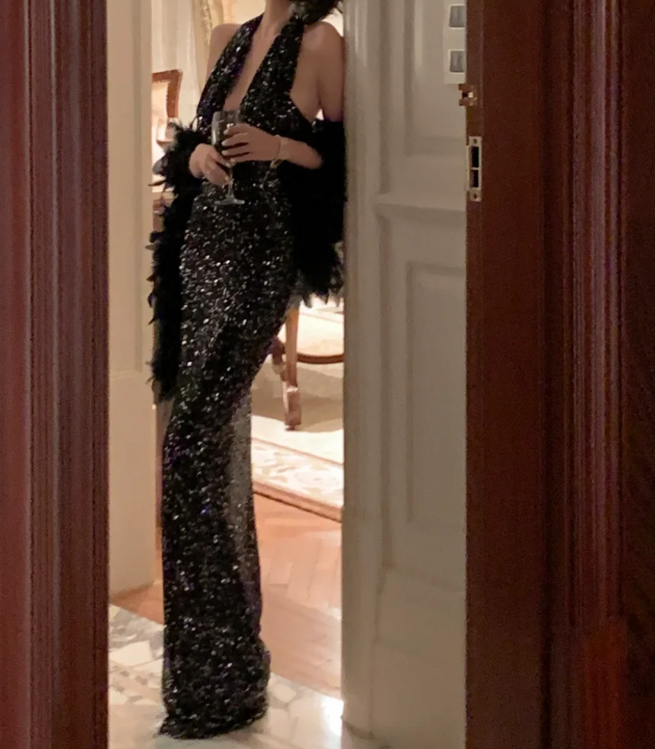 Alluring Halter Neck Black Prom Dress Sequins Mermaid Formal Dress GG7010