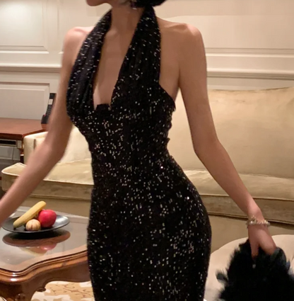 Alluring Halter Neck Black Prom Dress Sequins Mermaid Formal Dress GG7010