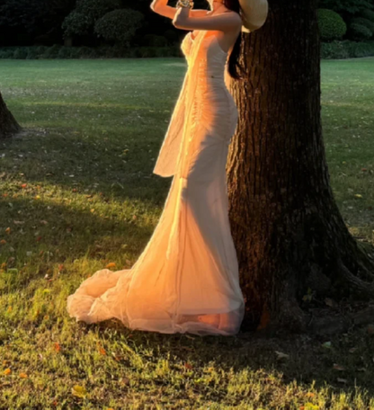 Adorable Strapless Pink Prom Dress With Scarf Tulle Mermaid Formal Dress GG7011