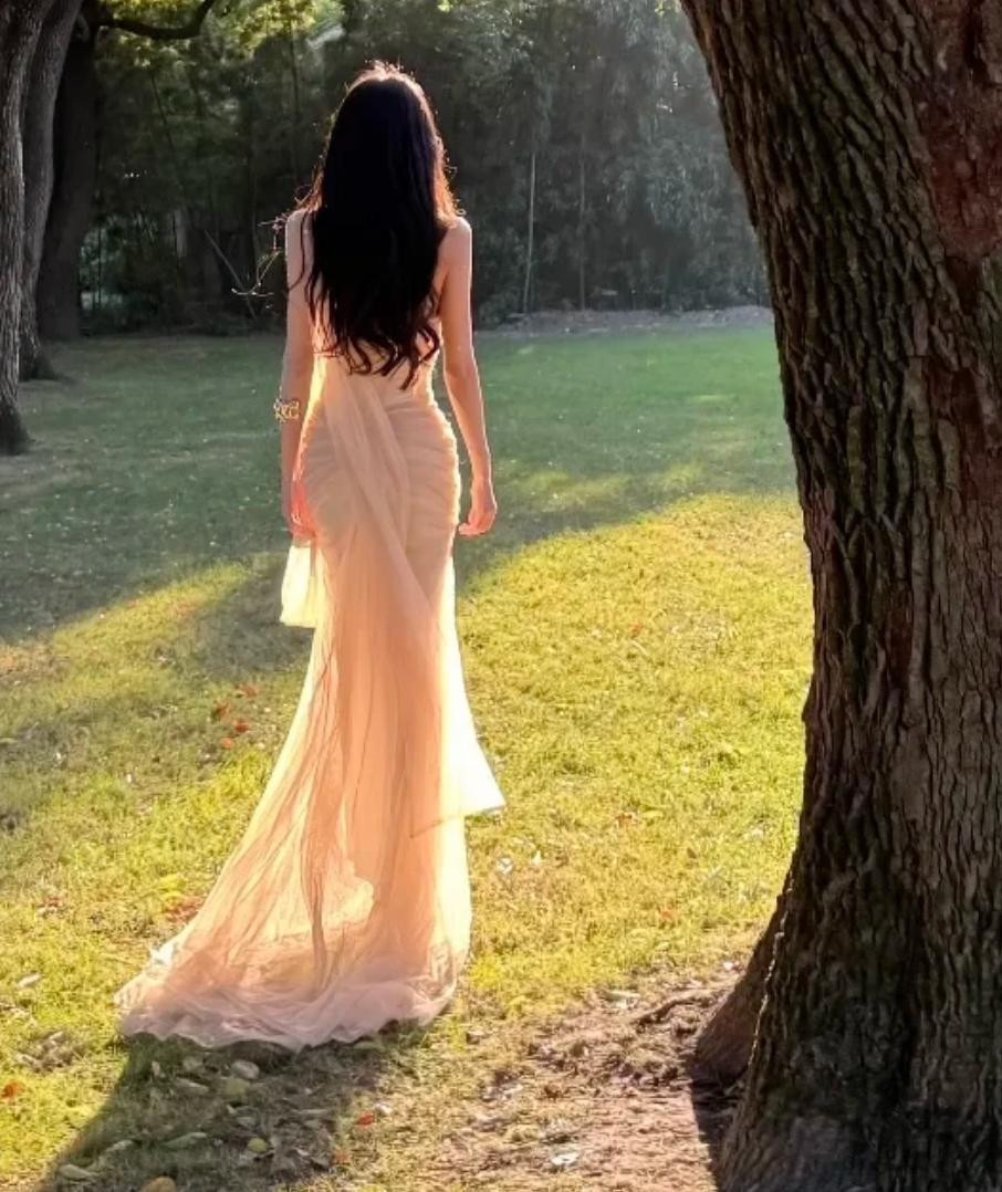 Adorable Strapless Pink Prom Dress With Scarf Tulle Mermaid Formal Dress GG7011