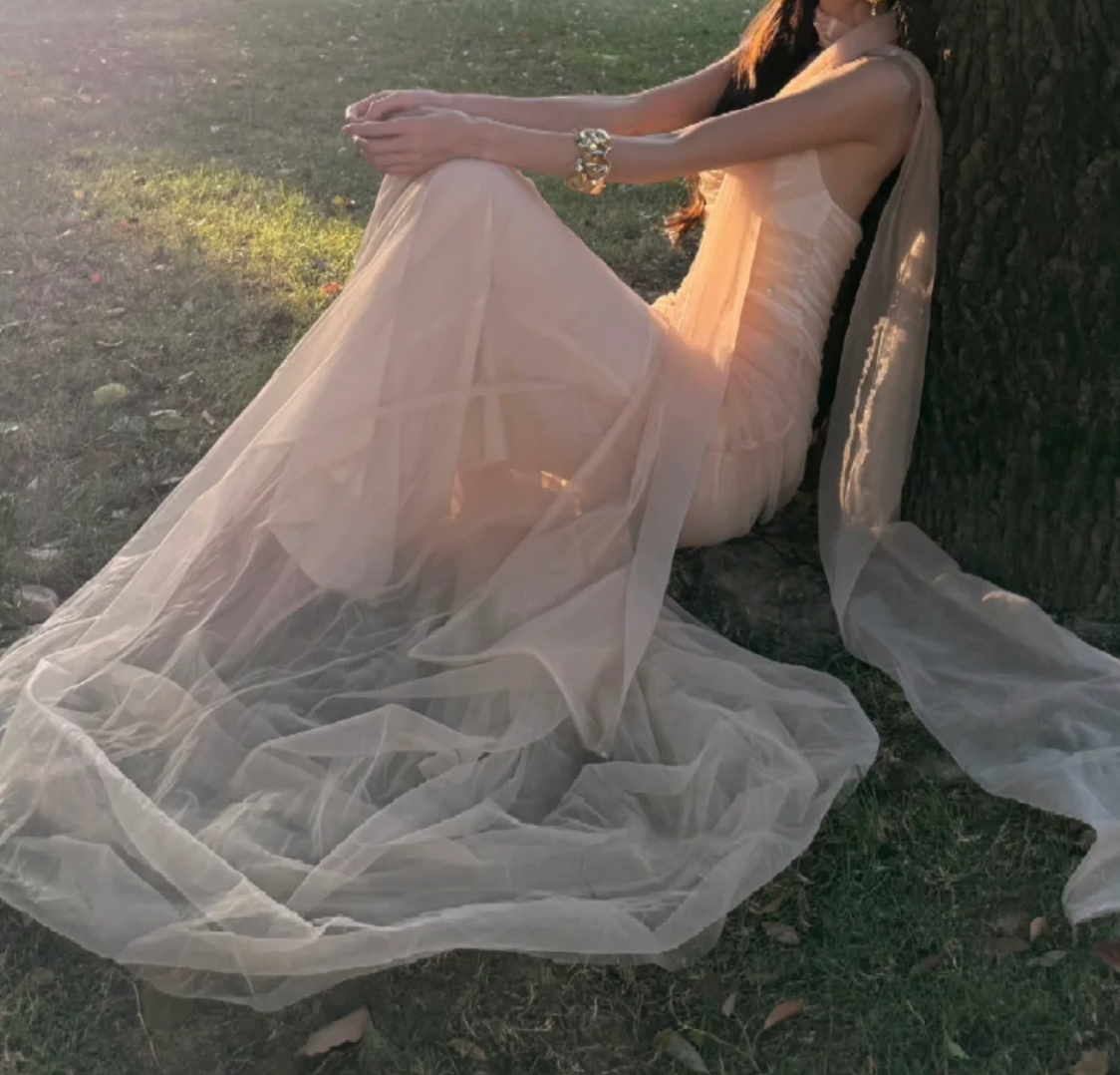 Adorable Strapless Pink Prom Dress With Scarf Tulle Mermaid Formal Dress GG7011
