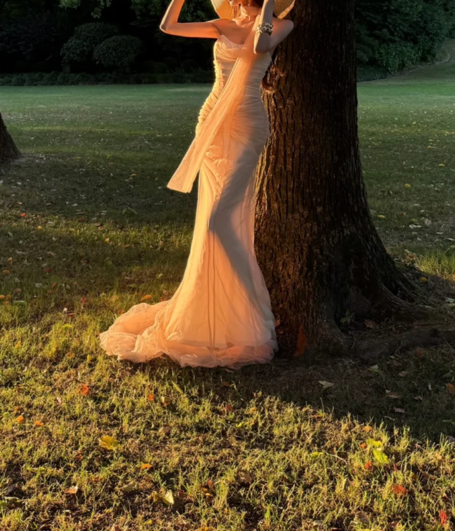 Adorable Strapless Pink Prom Dress With Scarf Tulle Mermaid Formal Dress GG7011