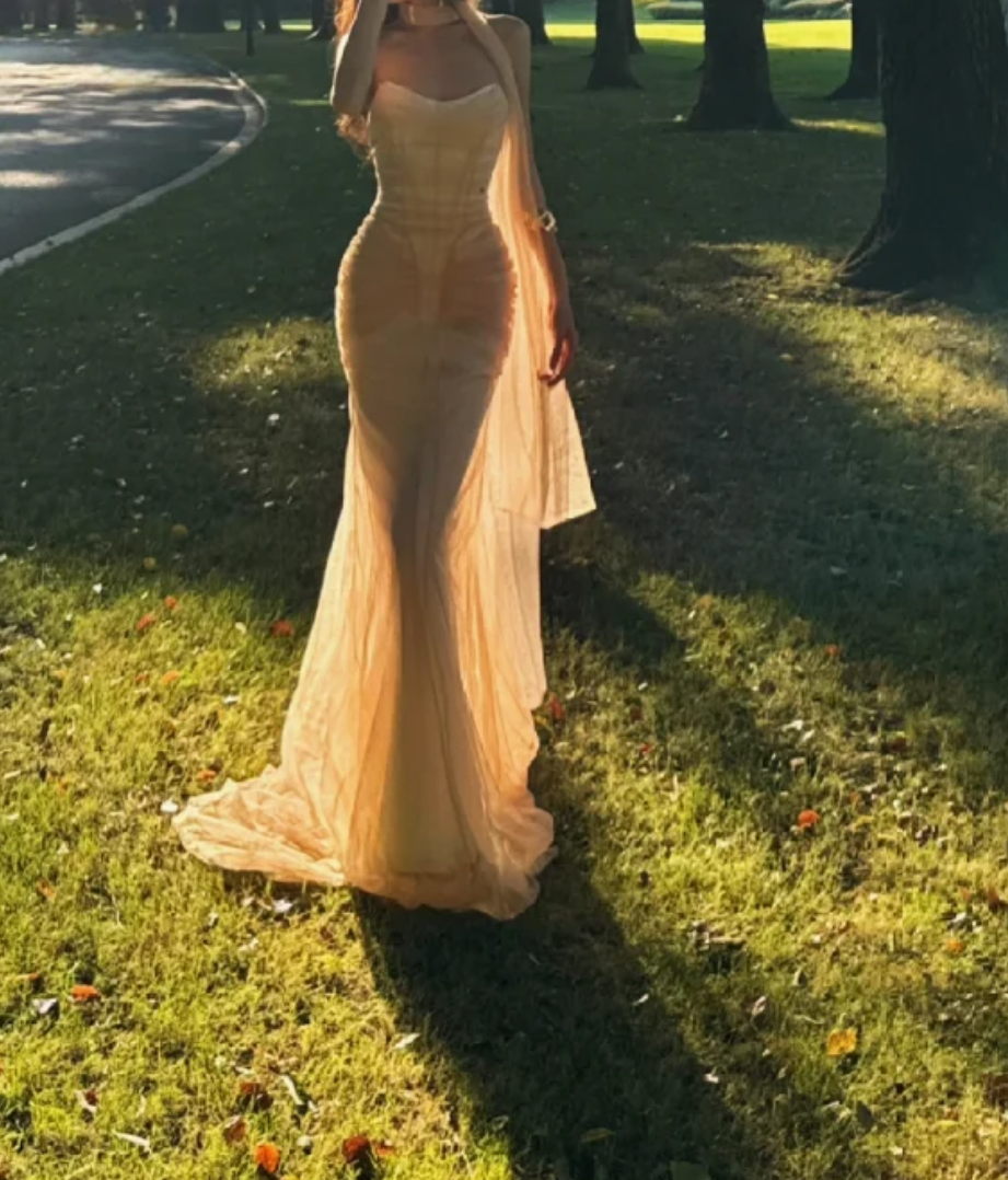 Adorable Strapless Pink Prom Dress With Scarf Tulle Mermaid Formal Dress GG7011