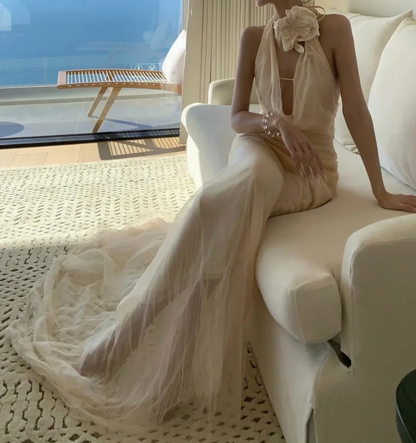Charming Halter Neck Ivory Prom Dress Tulle Mermaid Formal Dress GG7012