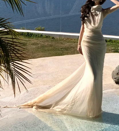 Charming Halter Neck Ivory Prom Dress Tulle Mermaid Formal Dress GG7012