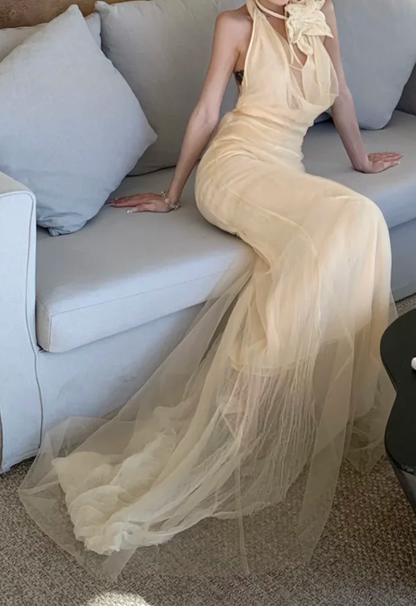 Charming Halter Neck Ivory Prom Dress Tulle Mermaid Formal Dress GG7012