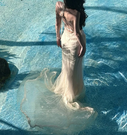 Charming Halter Neck Ivory Prom Dress Tulle Mermaid Formal Dress GG7012