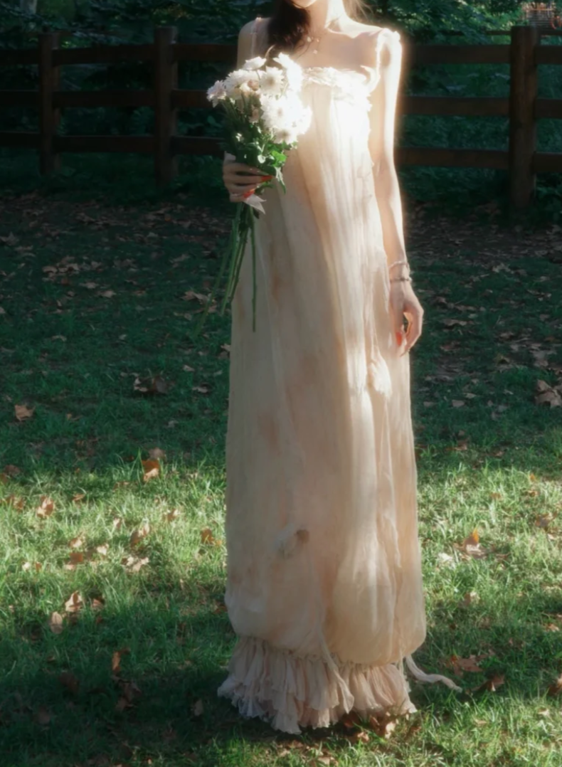 Ethereal Spaghetti Strap Prom Dress Beige Floral Sheath Formal Dress GG7013
