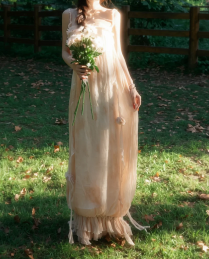 Ethereal Spaghetti Strap Prom Dress Beige Floral Sheath Formal Dress GG7013