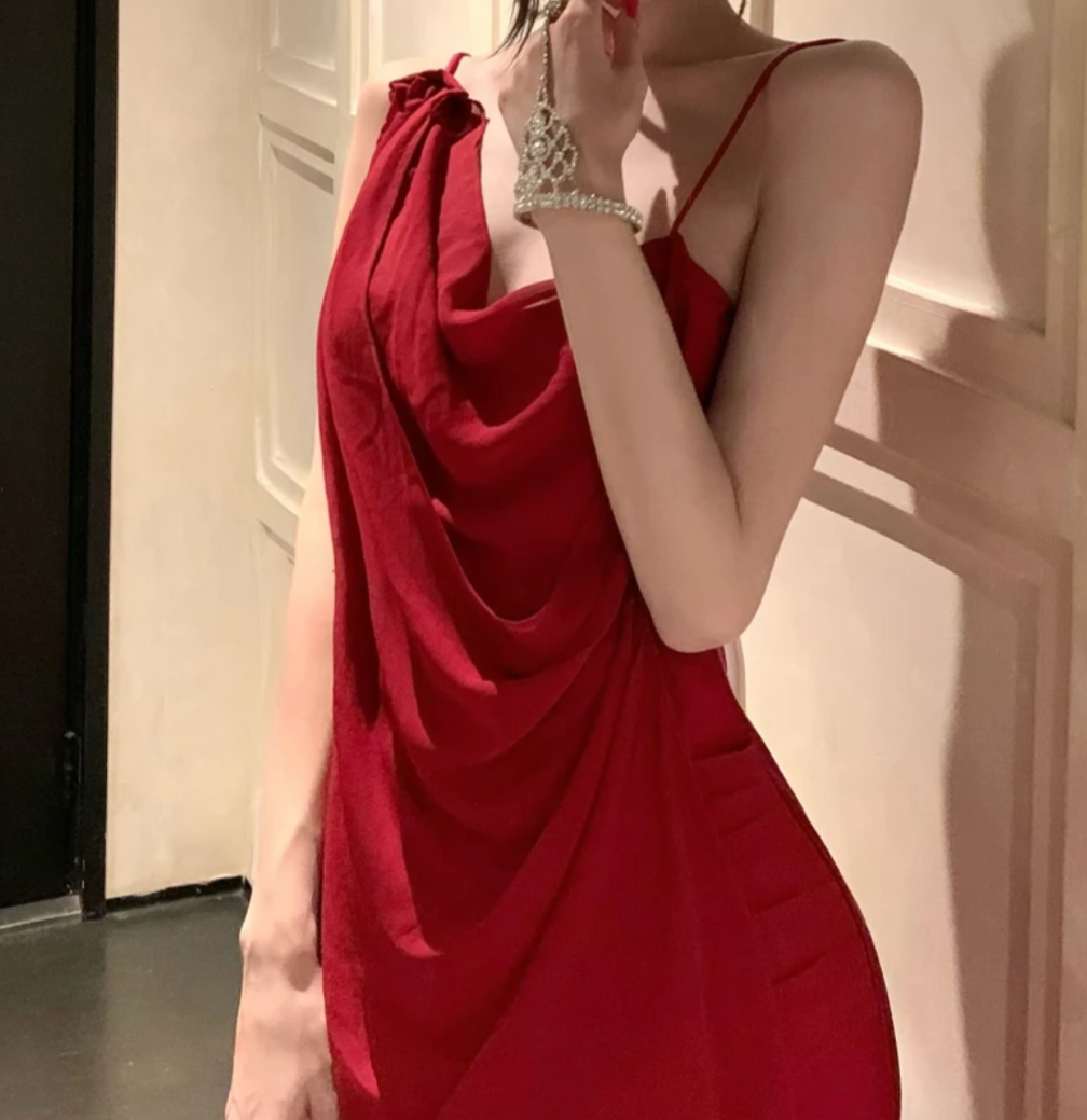 Alluring Spaghetti Strap Prom Dress Red Ruffles Mermaid Formal Dress GG7014