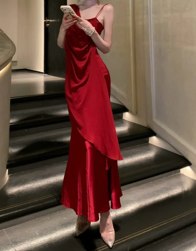 Alluring Spaghetti Strap Prom Dress Red Ruffles Mermaid Formal Dress GG7014