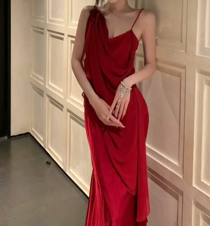 Alluring Spaghetti Strap Prom Dress Red Ruffles Mermaid Formal Dress GG7014