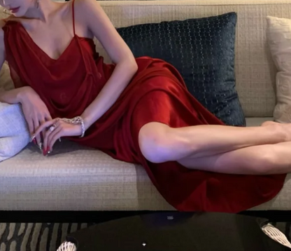 Alluring Spaghetti Strap Prom Dress Red Ruffles Mermaid Formal Dress GG7014