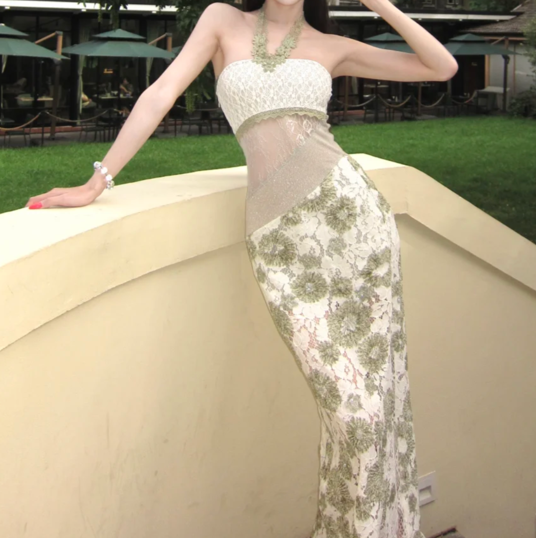 Dreamy Halter Neck Sequins Prom Dress Green Lace Mermaid Formal Dress GG7015