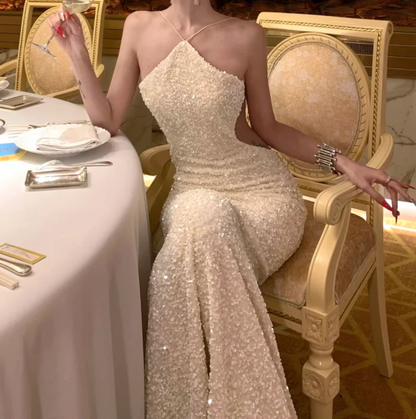 Graceful Halter Neck Sequins Prom Dress White Mermaid Formal Dress GG7016
