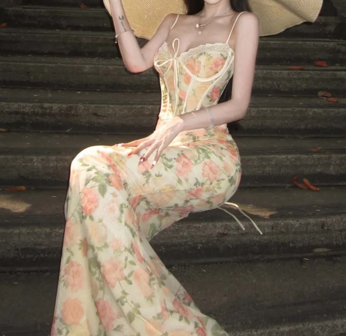 Charming Spaghetti Strap Prom Dress Floral Mermaid Formal Dress GG7017