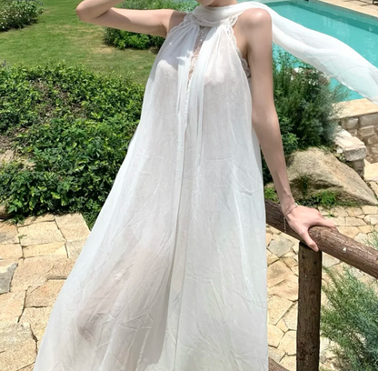 Flowy Halter Neck Prom Dress White Lace A-Line Formal Dress GG7019