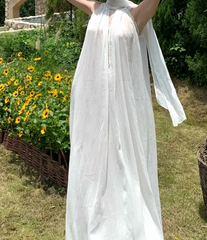 Flowy Halter Neck Prom Dress White Lace A-Line Formal Dress GG7019