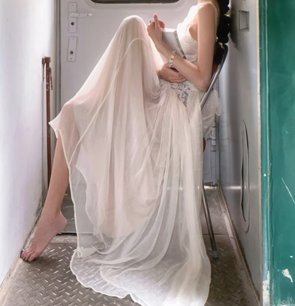 Graceful Spaghetti Strap Prom Dress White Lace A-Line Formal Dress GG7020