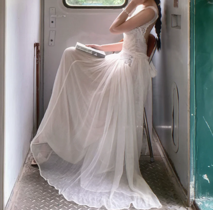 Graceful Spaghetti Strap Prom Dress White Lace A-Line Formal Dress GG7020